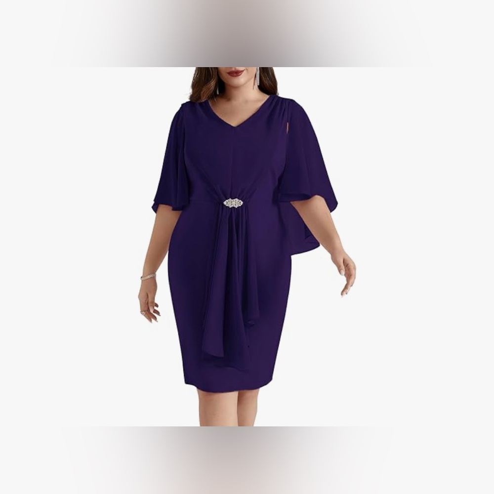 Hanna Nikole Vintage Cocktail Dress Chiffon Cape Pencil Dress Glitter Bodycon